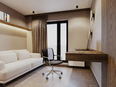 Nowoczesny gabinet z białą sofą i drewnianym biurkiem, minimalistyczny design.