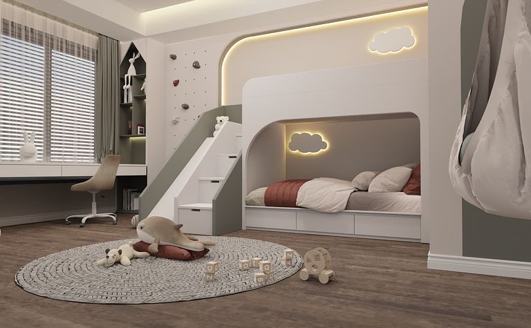 Pokój dziecięcy w stylu minimalistycznym z piętrowym łóżkiem i biurkiem.