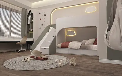 Pokój dziecięcy w stylu minimalistycznym z piętrowym łóżkiem i biurkiem.