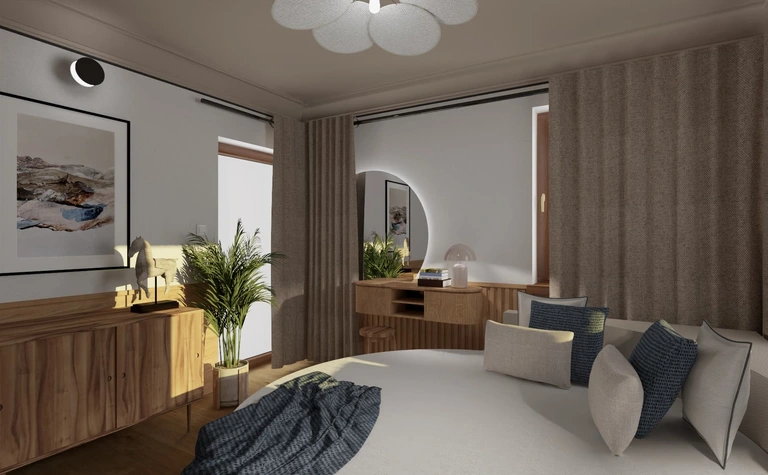 Wnętrze sypialni w stylu eklektycznym z elementami rustykalnymi, japandi i quiet luxury.