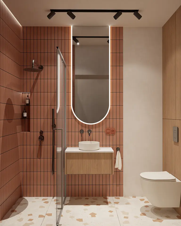 Wnętrze łazienki w stylu dopamine decor, minimalistycznym, soft minimalizm, współczesnym.