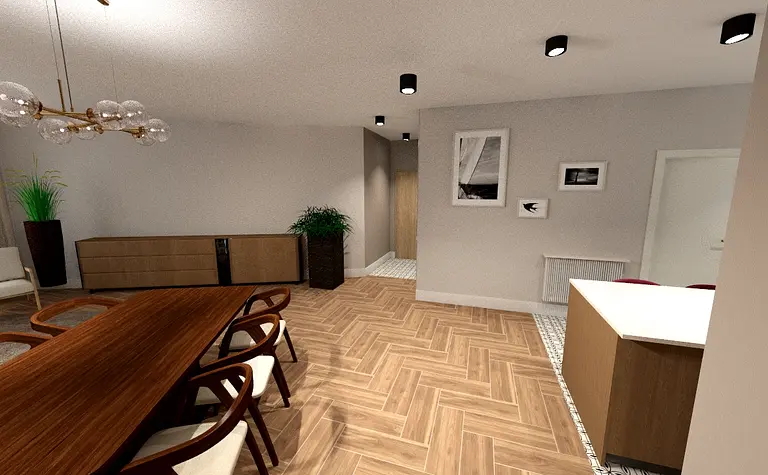 Wnętrze jadalni w stylu eklektycznym z drewnianym stołem i roślinami