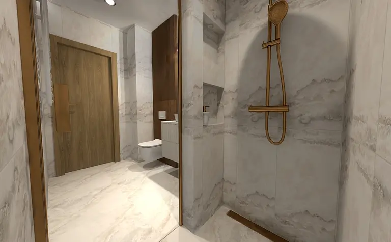 Współczesna łazienka z białymi kaflami i drewnianymi elementami.