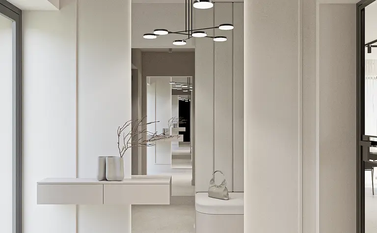 Przedpokój z minimalistycznym wystrojem, białymi ścianami i nowoczesnym oświetleniem.