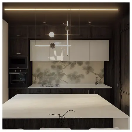 Kuchnia w stylu industrialnym z elementami japandi, minimalistycznymi i quiet luxury.