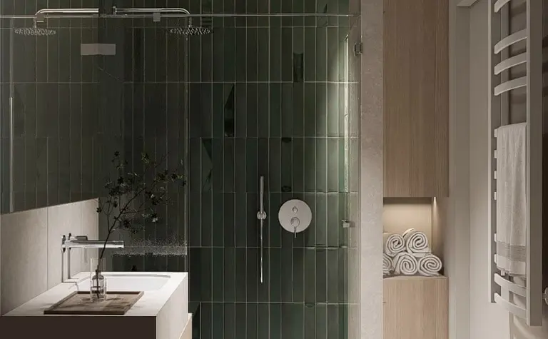 Nowoczesna łazienka z zielonymi płytkami, drewnem, dopamine decor, japandi, minimalistyczny, soft minimalizm.