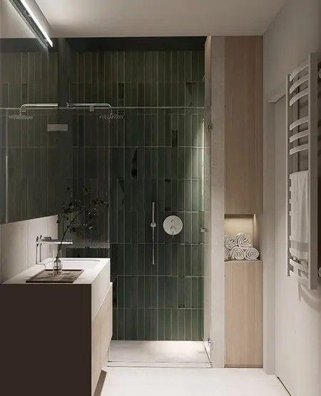 Nowoczesna łazienka z zielonymi płytkami, drewnem, dopamine decor, japandi, minimalistyczny, soft minimalizm.