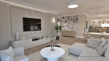 Wnętrze salonu w stylu boho, japandi i skandynawskim z jasnymi meblami i drewnianymi akcentami.