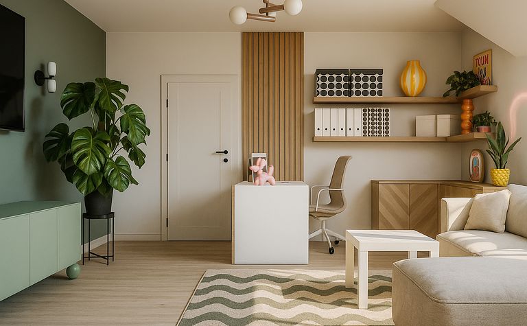 Wnętrze biura z rośliną, minimalistycznymi meblami, boho i nowoczesnym stylem.