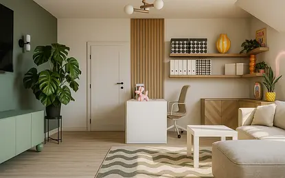 Wnętrze biura z rośliną, minimalistycznymi meblami, boho i nowoczesnym stylem.