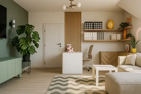 Wnętrze biura z rośliną, minimalistycznymi meblami, boho i nowoczesnym stylem.