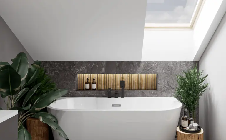 Nowoczesna łazienka z wanną, roślinami i drewnianymi akcentami, minimalistyczny design.