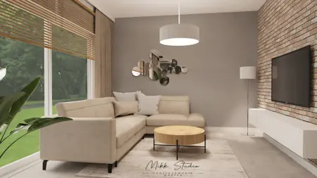 Nowoczesny salon z beżową sofą, drewnianym stolikiem i dużymi oknami.