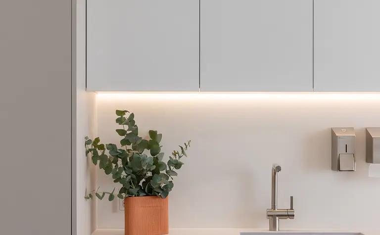 Kuchnia w stylu japandi z minimalistycznymi meblami, skandynawskim akcentem i rośliną.