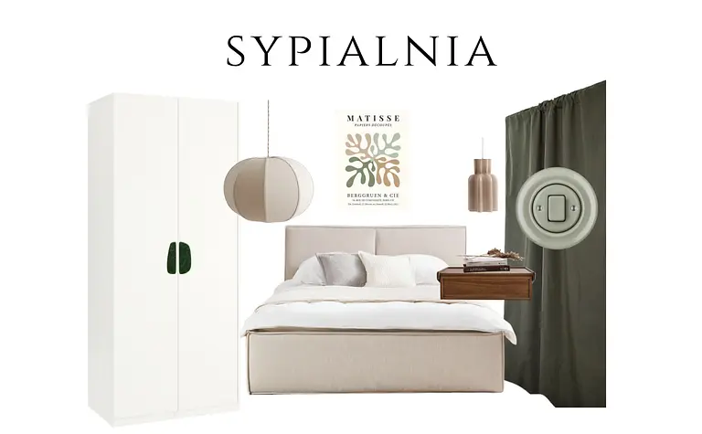 Sypialnia z eklektycznym i skandynawskim stylem, białe meble, vintage dodatki.