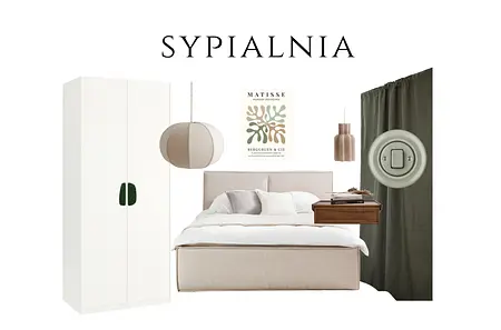 Sypialnia z eklektycznym i skandynawskim stylem, białe meble, vintage dodatki.