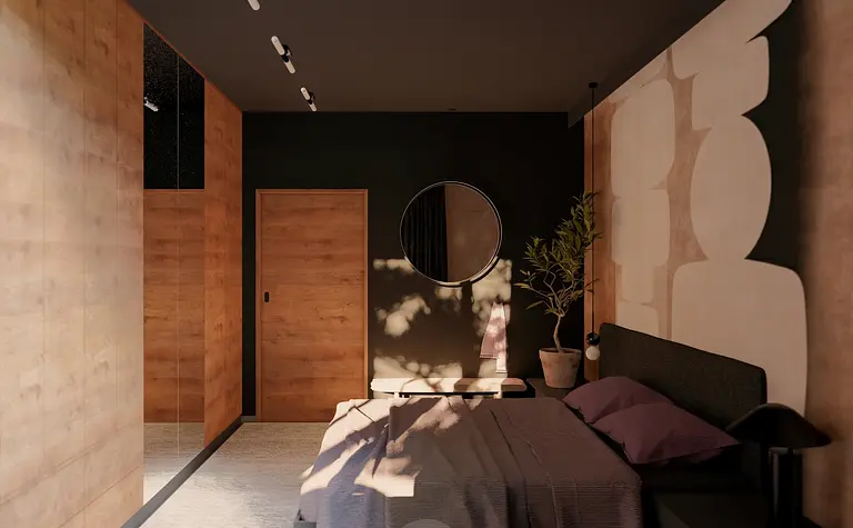 Sypialnia w stylu eklektycznym z drewnianymi akcentami i minimalistycznym oświetleniem.