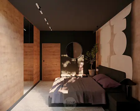 Sypialnia w stylu eklektycznym z drewnianymi akcentami i minimalistycznym oświetleniem.