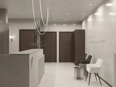 Recepcja w stylu eklektycznym z minimalistycznym wystrojem i nowoczesnym oświetleniem.