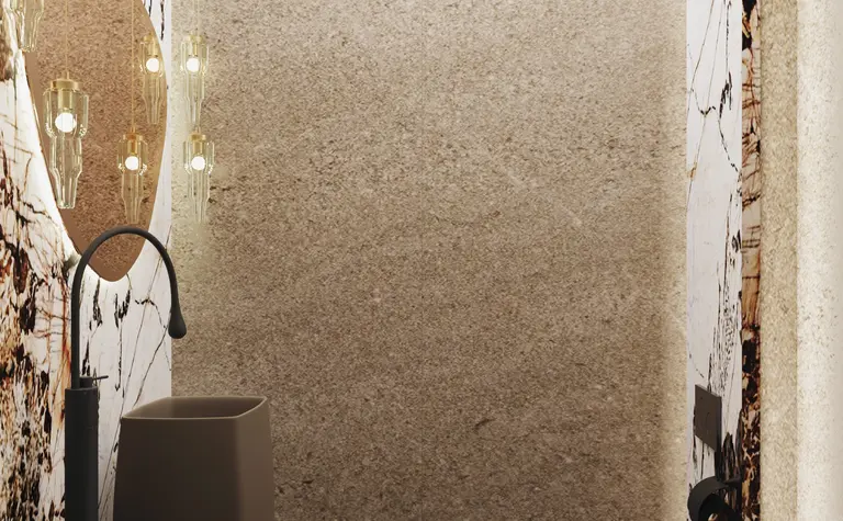 Nowoczesna toaleta z minimalistycznym designem, jasnymi ścianami i eleganckimi detalami.