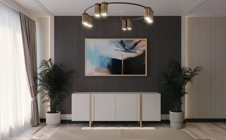 Wnętrze sypialni w stylu art deco z białymi meblami i roślinami.