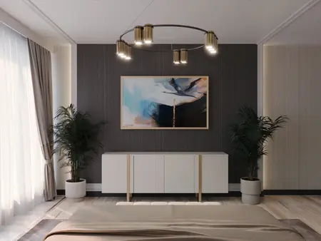 Wnętrze sypialni w stylu art deco z białymi meblami i roślinami.
