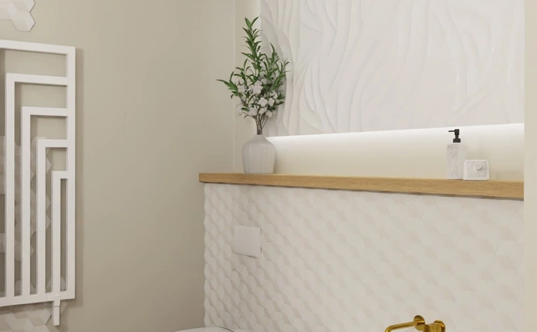 Nowoczesna łazienka w stylu boho, minimalistycznym i tradycyjnym z białą wanną.