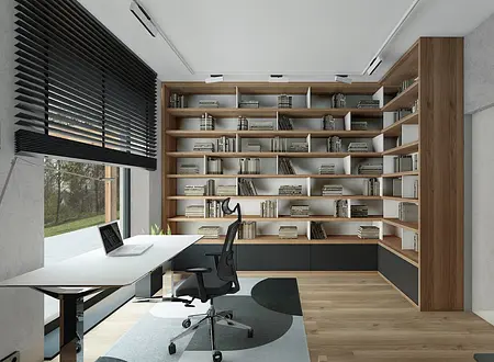 Wnętrze gabinetu w stylu minimalistycznym z drewnianą biblioteczką i nowoczesnym biurkiem.