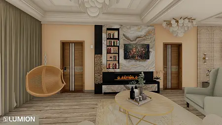 Wnętrze salonu w stylu art deco i nowoczesnym z beżową sofą i drewnianym stołem.
