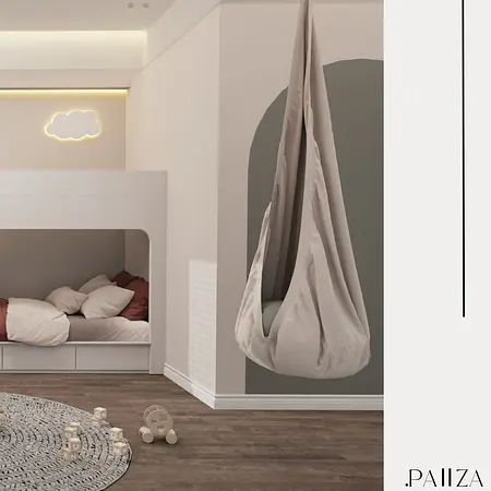 Pokój dziecięcy w stylu minimalistycznym z huśtawką, w pastelowych kolorach, soft minimalizm.