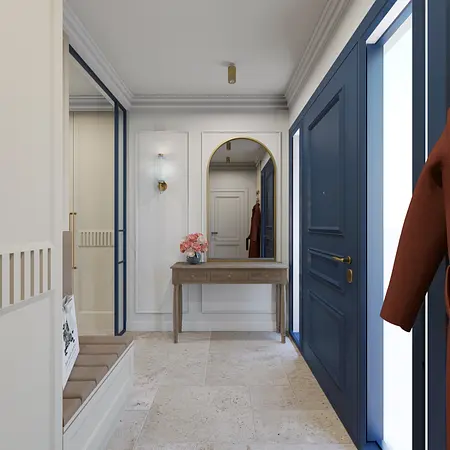 Przedpokój z niebieskimi drzwiami, lustrem i drewnianym stoliczkiem, nowoczesny design