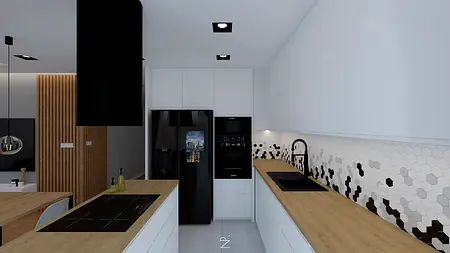 Nowoczesna kuchnia z białymi meblami, czarnym sprzętem i drewnianymi akcentami, minimalistyczny design