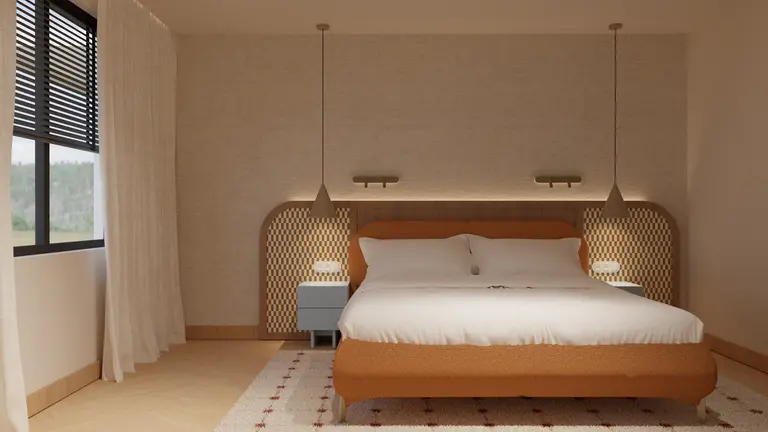 Sypialnia w stylu dopamine decor, minimalistyczny i soft minimalizm z nowoczesnym wystrojem.