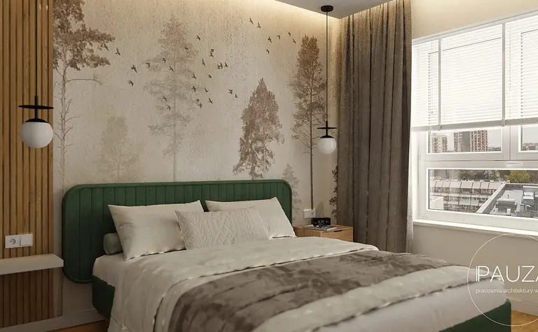 Sypialnia w stylu japandi z zielonym łóżkiem i drewnianymi detalami.