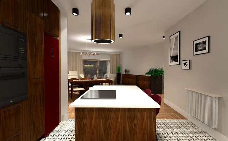 Wnętrze kuchni z drewnianymi meblami i białym blatem, eklektyczny styl.