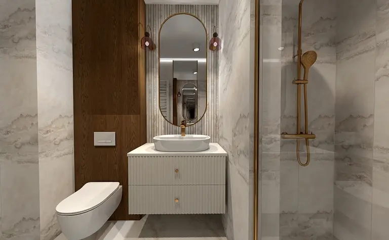 Wnętrze nowoczesnej łazienki z drewnianymi akcentami, umywalką i lustrem.