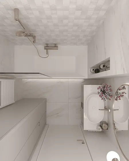 Nowoczesna łazienka w stylu quiet luxury z białymi meblami i złotymi detalami.