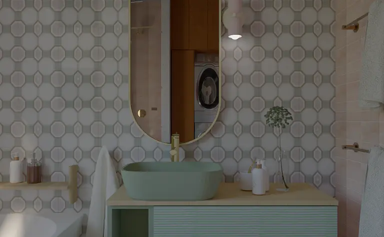 Nowoczesna łazienka w stylu vintage z zieloną umywalką i geometrycznymi kafelkami.