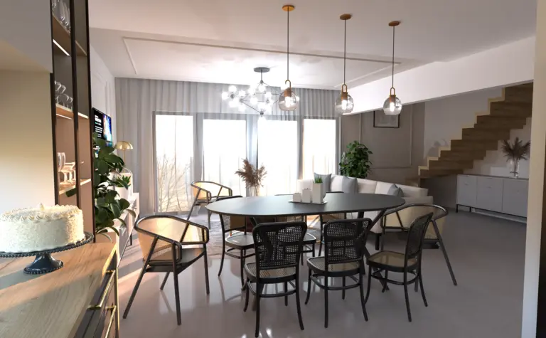 Wnętrze jadalni z okrągłym stołem, krzesłami i dużymi oknami w stylach glamour, minimaluxe, quiet luxury, tradycyjnym, współczesnym.