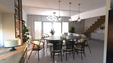 Wnętrze jadalni z okrągłym stołem, krzesłami i dużymi oknami w stylach glamour, minimaluxe, quiet luxury, tradycyjnym, współczesnym.