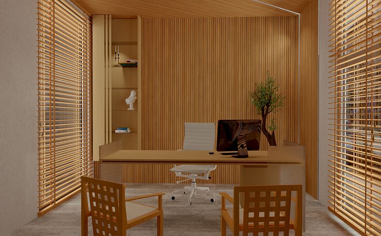 Gabinet w stylu art deco i eklektycznym z drewnianym biurkiem i rośliną.