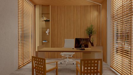 Gabinet w stylu art deco i eklektycznym z drewnianym biurkiem i rośliną.