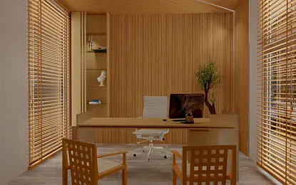 Gabinet w stylu art deco i eklektycznym z drewnianym biurkiem i rośliną.