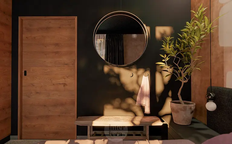 Eklektyczne wnętrze z lustrem, drewnianym stołem i rośliną.