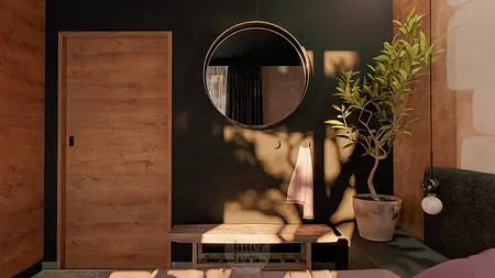 Eklektyczne wnętrze z lustrem, drewnianym stołem i rośliną.