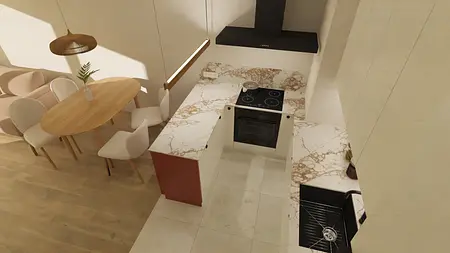 Kuchnia w stylu minimalistycznym z marmurowym blatem i drewnianym stołem, nowoczesne akcenty.