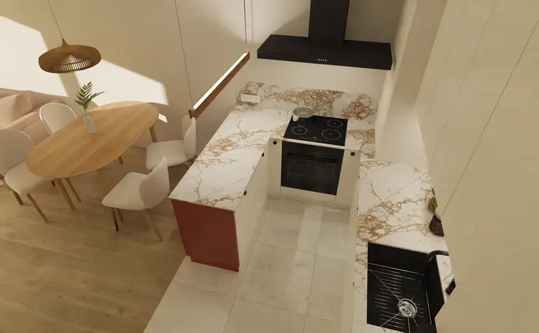 Kuchnia w stylu minimalistycznym z marmurowym blatem i drewnianym stołem, nowoczesne akcenty.