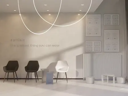 Eleganckie wnętrze z minimalistycznym designem, skandynawskim stylem, eklektycznymi meblami oraz nowoczesnym oświetleniem.