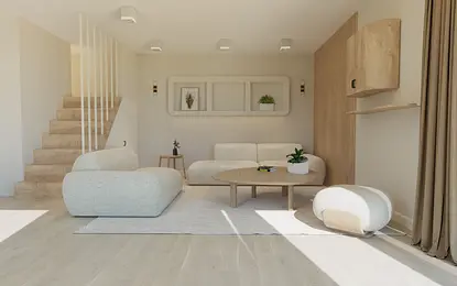 Wnętrze salonu w stylu japandi, minimalistycznym i nowoczesnym z jasnymi meblami.