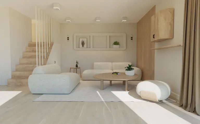 Wnętrze salonu w stylu japandi, minimalistycznym i nowoczesnym z jasnymi meblami.